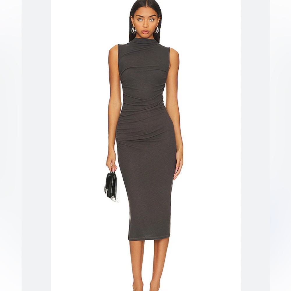 Enza Costa Gray Silk Knit Mock Neck Bodycon Midi Dress Size L